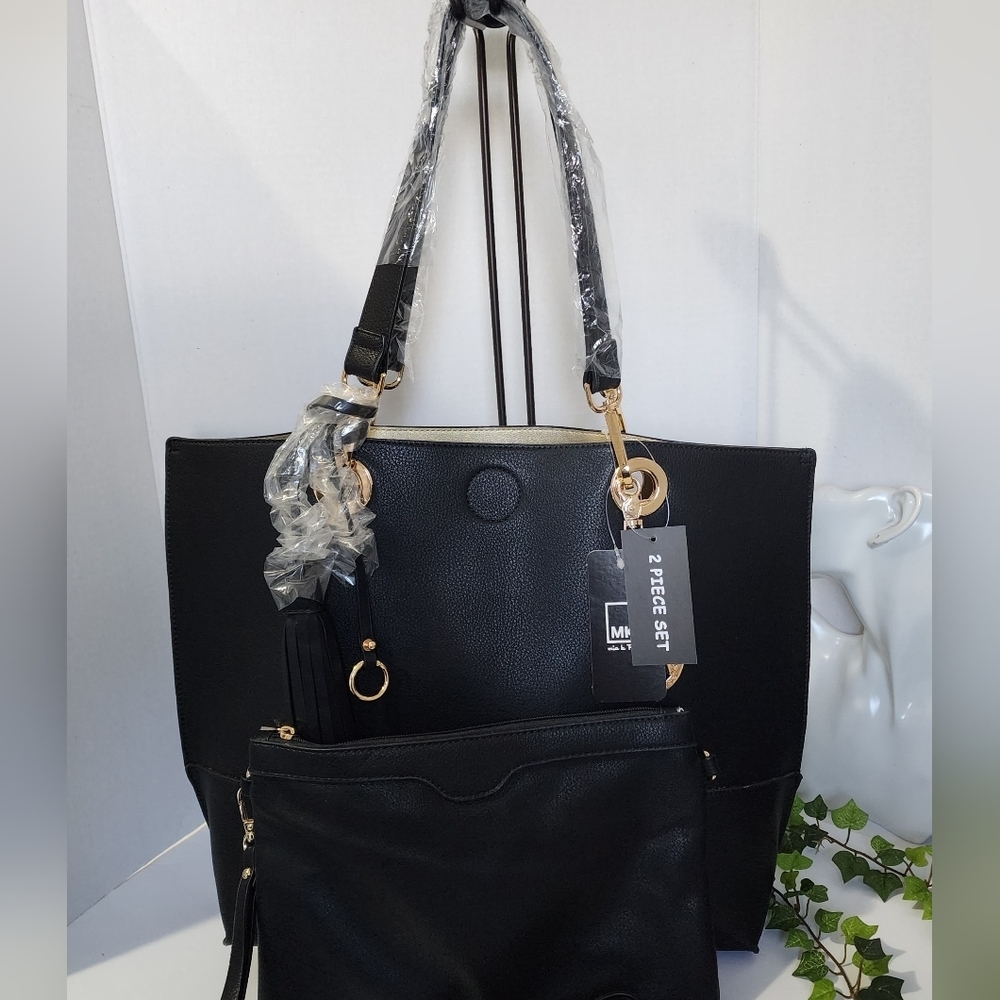 MKF Black Faux Leather Large Tote and Crossbody Bag Set